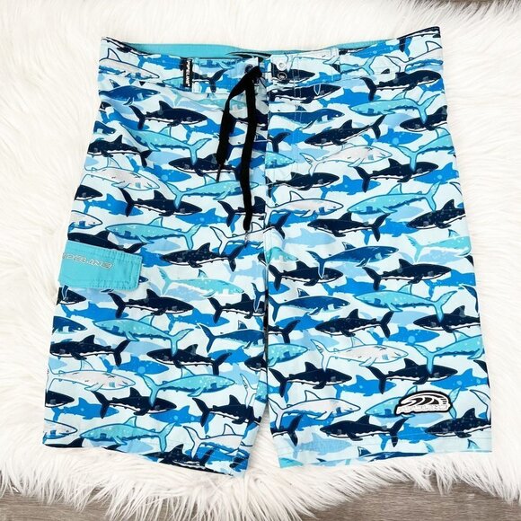 Pipeline Big Boys Youth 28 Blue Shark Print Board Swim Shorts UPF 50 - Picture 1 of 8